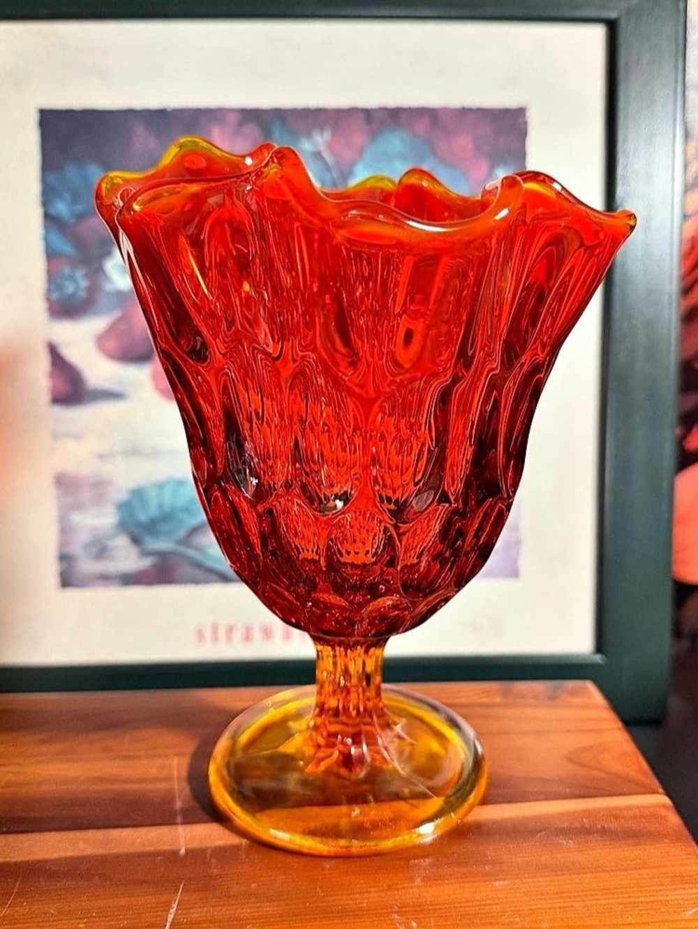 Vintage Fenton Amberina Ruffled Thumbprint Glass Handkerchief Vase Mid-Century